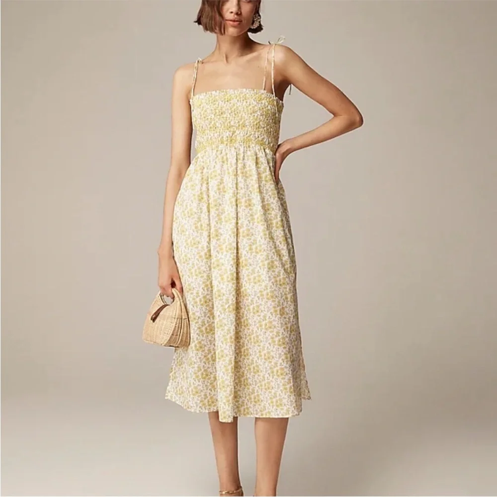 NWT J. Crew Yellow Paloma Midi Dress Liberty Organic 100% Cotton Fabric Smocked